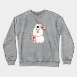 Cute White Shih Tzu with Flowers Watercolor Art Crewneck Sweatshirt